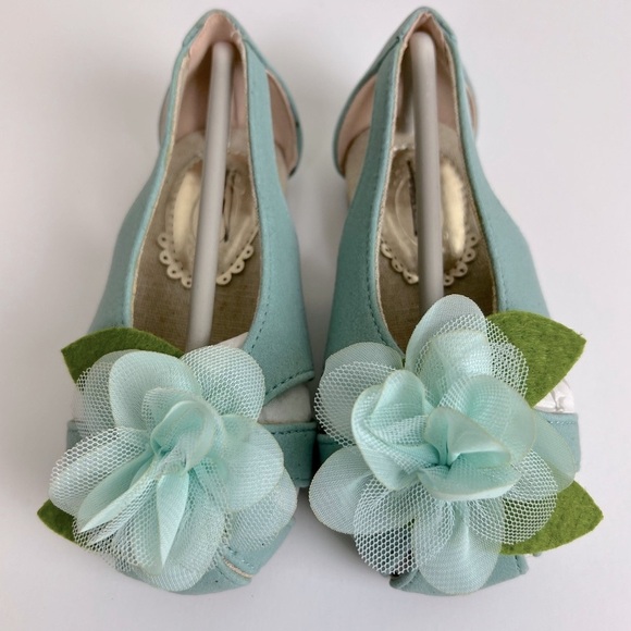 Joyfolie | Flower Embellished Chiffon Tulle Blue Open Toe Ballet Shoes | Girls 6 - Picture 2 of 7